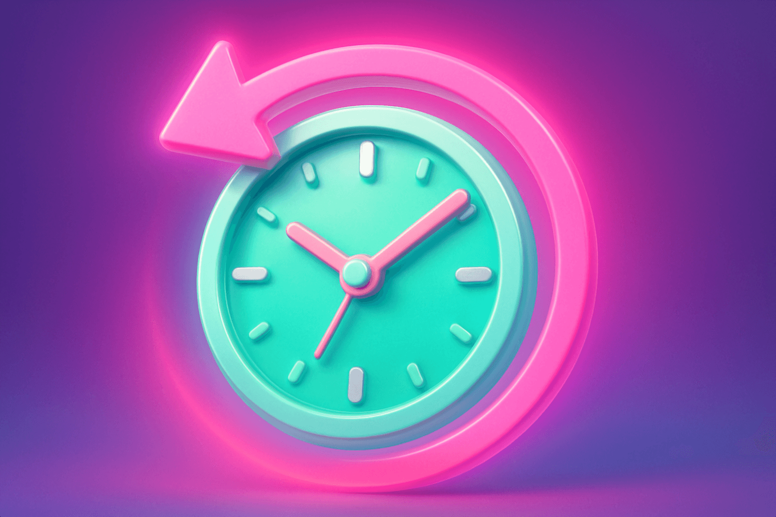A colourful abstract clock with an arrow around it, going anti-clockwise